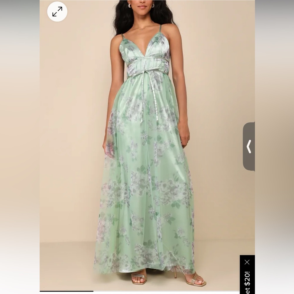 Lulus Delightful Invitation Green Floral Tulle Sleeveless Maxi‎ Dress